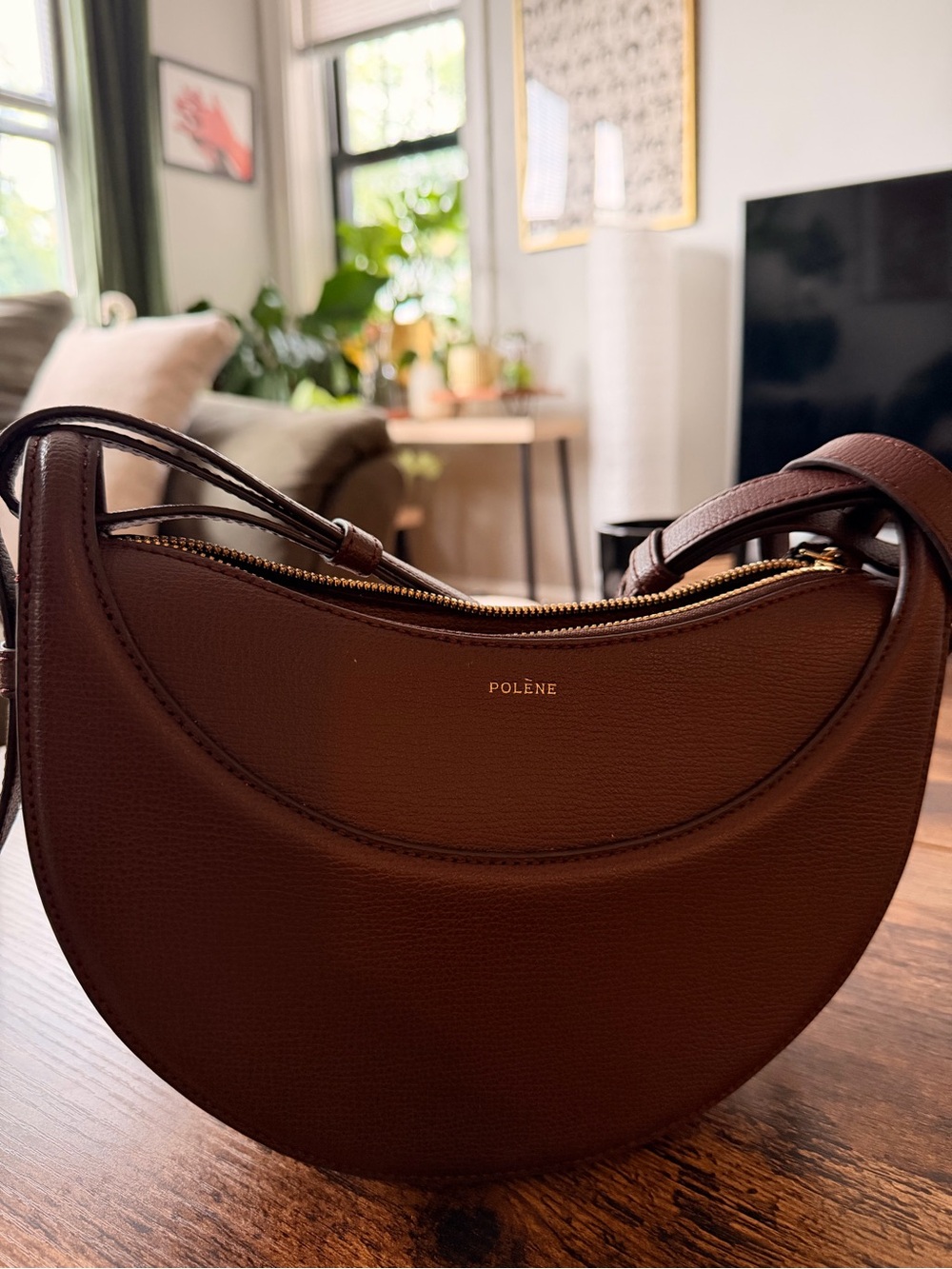 Polène Brown Crescent Crossbody Bag